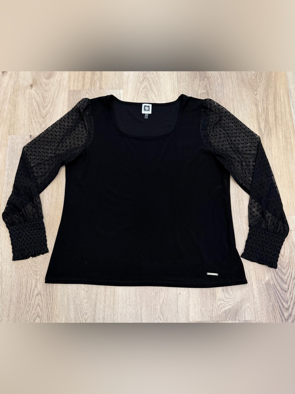 Anne Klein Black Semi Sheer Swiss Dot Long Sleeve Top